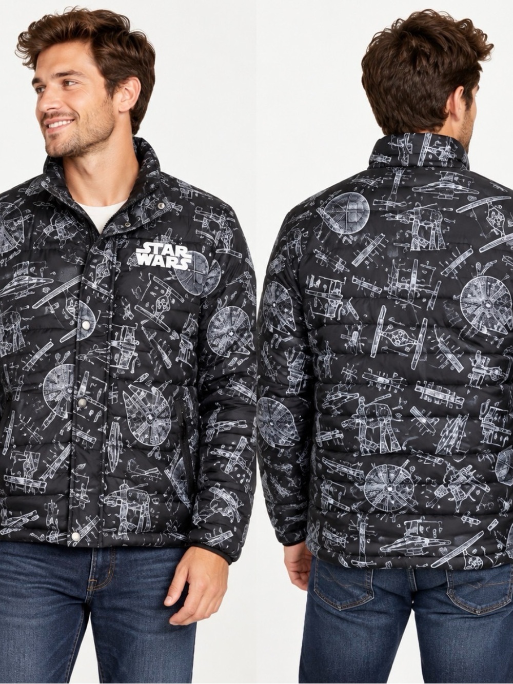 NEW! Disney Star Wars Blueprint Quilted Puffer Jacket Black SZ M